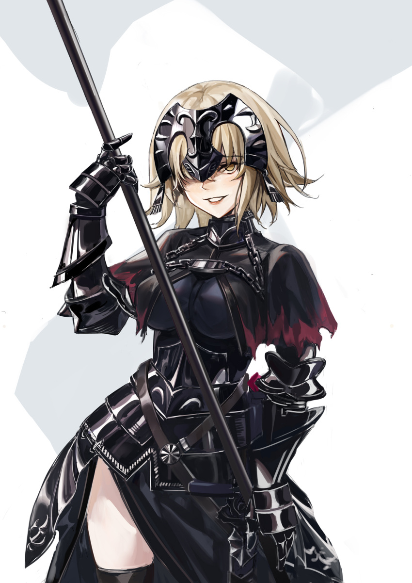 1girl armor armored_dress asagami_(hnt16303310) bangs black_legwear breasts chain dress fate/grand_order fate_(series) hair_over_one_eye headpiece highres holding holding_weapon jeanne_d'arc_(alter)_(fate) jeanne_d'arc_(fate)_(all) looking_at_viewer short_hair silver_hair simple_background smile solo weapon white_background yellow_eyes