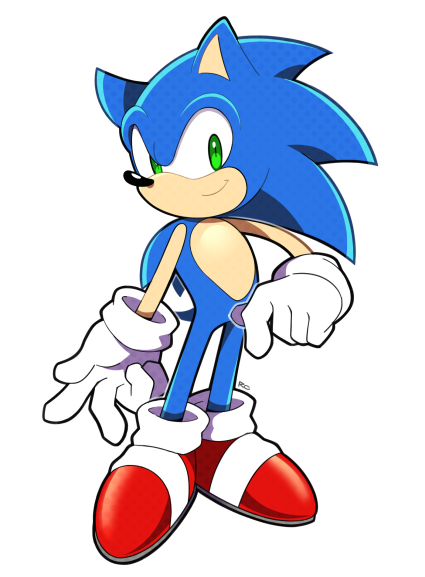 1boy artsy-rc closed_mouth commentary english_commentary gloves green_eyes halftone happy hedgehog_boy hedgehog_ears highres looking_at_viewer no_humans pokemon red_footwear signature simple_background smile solo sonic_(series) sonic_the_hedgehog white_background white_gloves