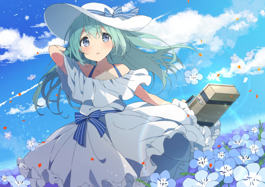 1girl bangs bare_shoulders collarbone dress eyebrows_visible_through_hair green_hair hat hat_ribbon holding holding_suitcase long_hair looking_at_viewer mochigome_(ununquadium) nemophila_(flower) original parted_lips ribbon solo suitcase white_dress