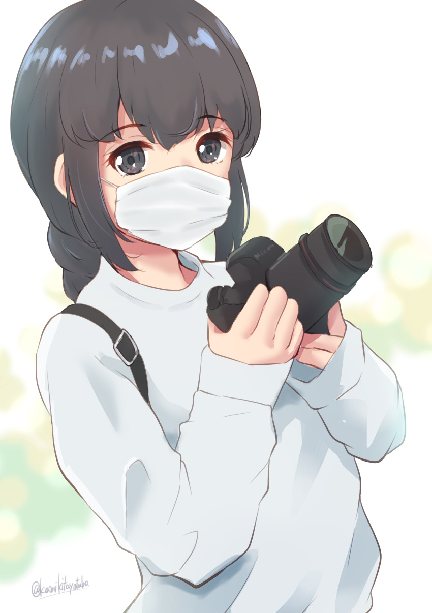 1girl absurdres alternate_costume black_eyes black_hair braid camera commentary_request hair_between_eyes highres isonami_(kancolle) kamikitayotsuba kantai_collection long_hair looking_at_viewer mask mouth_mask sidelocks solo sweater twin_braids twitter_username upper_body white_sweater
