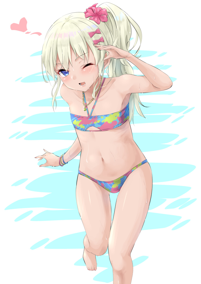 1girl bandeau bikini blonde_hair blue_bikini bow commentary_request cowboy_shot flat_chest flower grecale_(kancolle) green_eyes hair_bow hair_flower hair_ornament hairclip highres kantai_collection long_hair looking_at_viewer navel one_eye_closed ponytail solo swimsuit takomeshi thigh_gap wavy_hair