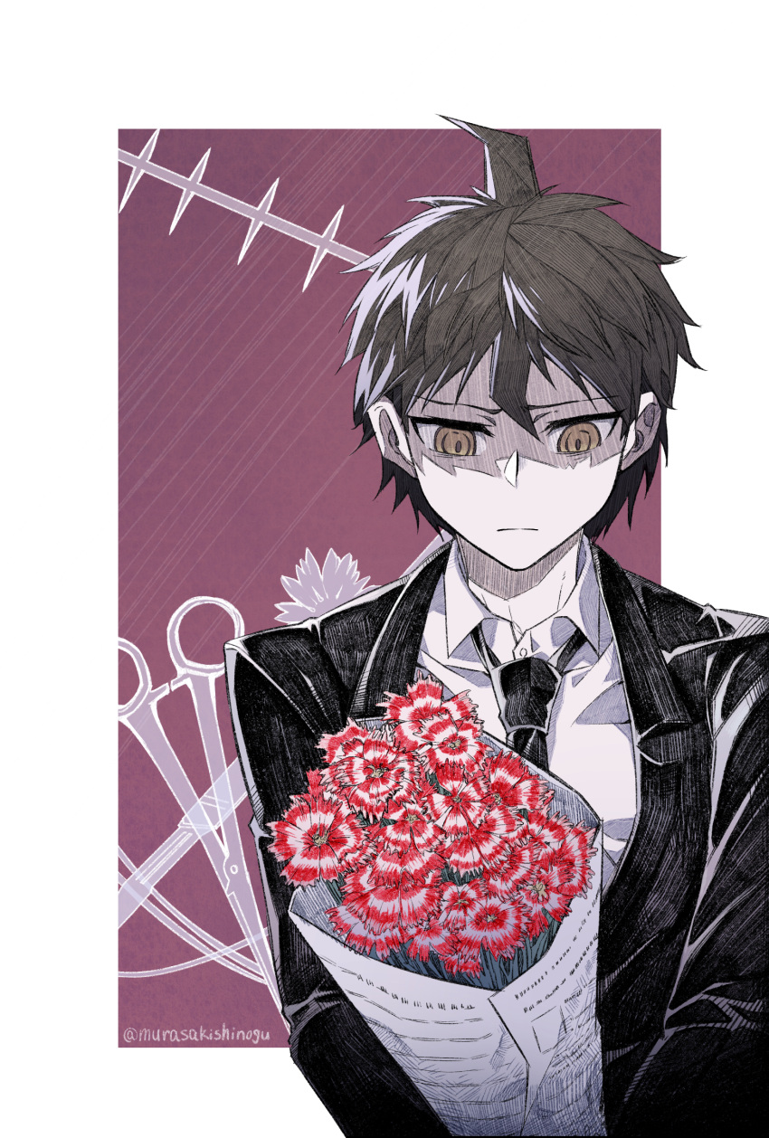 1boy ahoge bangs black_hair black_jacket black_neckwear bouquet brown_eyes closed_mouth collared_shirt commentary_request dangan_ronpa_(series) dangan_ronpa_3_(anime) flower highres hinata_hajime holding holding_bouquet jacket long_sleeves looking_down male_focus necktie pale_skin red_flower scissors shirt solo upper_body white_background white_shirt ziling