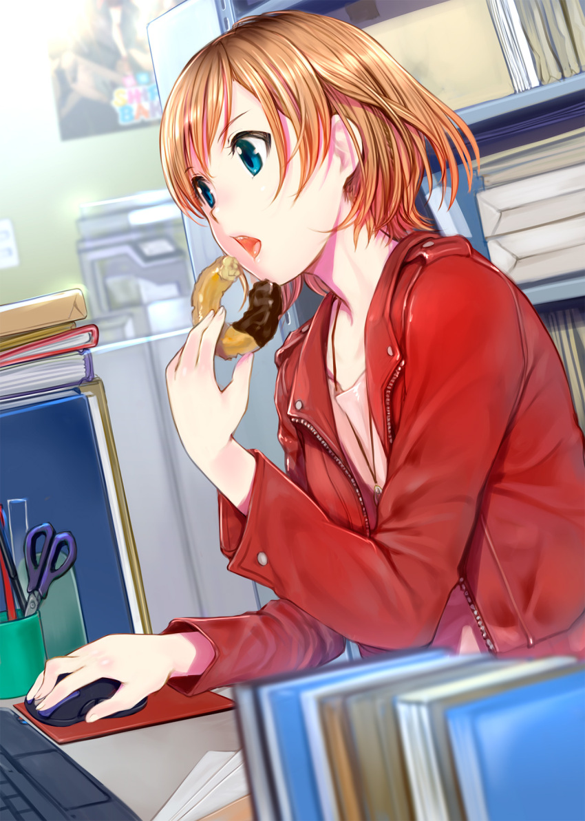 1girl bangs blue_eyes book book_stack bookshelf brown_hair collarbone desk doughnut eating food from_side hand_up highres holding holding_food indoors jacket keyboard_(computer) long_sleeves mikazuki_akira! miyamori_aoi mouse_(computer) open_clothes open_jacket open_mouth pen printer red_jacket scissors shirobako shirt short_hair solo upper_teeth