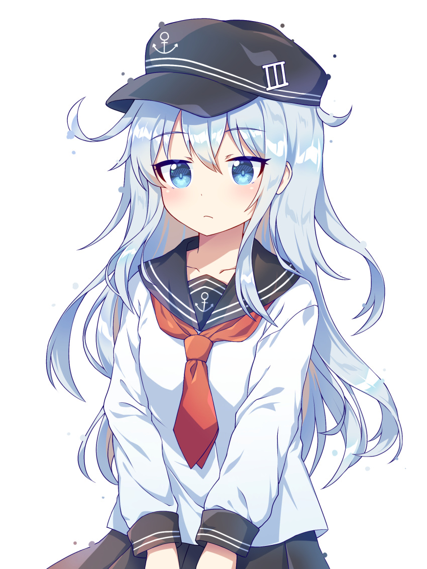 1girl anchor_symbol black_headwear black_sailor_collar black_skirt blue_eyes blush caramell0501 closed_mouth collarbone eyebrows_visible_through_hair flat_cap hair_between_eyes hat hibiki_(kancolle) highres kantai_collection long_hair long_sleeves neckerchief pleated_skirt red_neckwear sailor_collar school_uniform serafuku silver_hair skirt solo upper_body