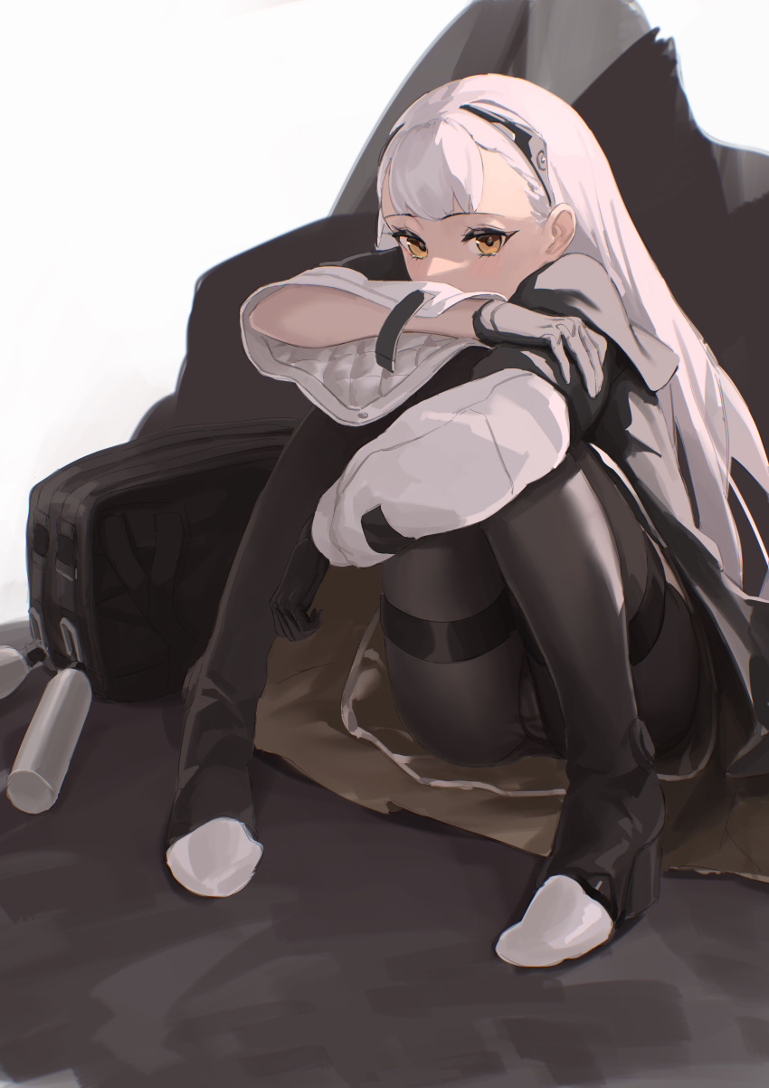 1girl absurdres ak-alfa_(girls_frontline) bag black_capelet black_footwear black_gloves black_hairband boots capelet full_body girls_frontline gloves hairband high_heel_boots high_heels highres leg_hug long_hair looking_at_viewer orange_eyes pantyhose pigeon-toed rui_(rei_leyi) silver_hair sitting solo symbol_commentary thigh-highs thigh_boots thighhighs_over_pantyhose weapon_case