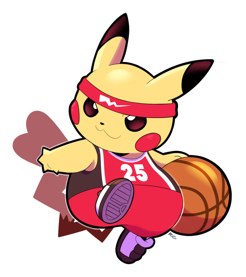 :3 artsy-rc baseball baseball_uniform closed_mouth commentary english_commentary full_body gen_1_pokemon headband highres no_humans pants pikachu pokemon pokemon_(creature) red_pants red_shirt shirt shoes signature simple_background smile sportswear white_background