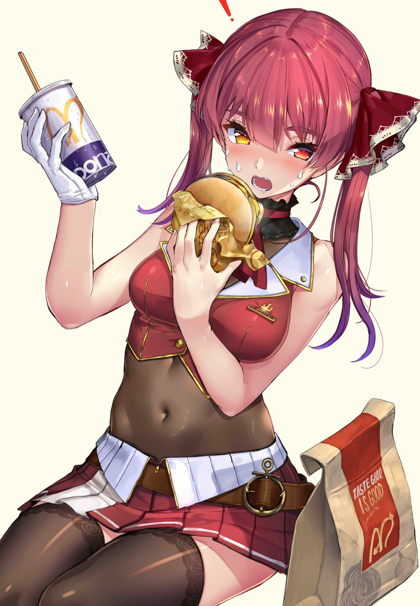 1girl akasaai bare_arms bare_shoulders belt black_legwear bodystocking burger choker covered_navel crop_top cup disposable_cup food frilled_choker frills gold_trim hair_ribbon heterochromia highres holding hololive houshou_marine long_hair looking_at_viewer midriff miniskirt open_mouth pleated_skirt red_eyes red_skirt red_vest redhead ribbon skirt sleeveless solo thigh-highs twintails vest wing_collar yellow_eyes zettai_ryouiki