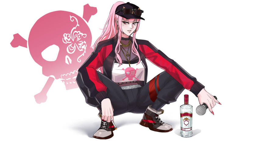 alcohol cigarette eyewear_on_head fishnets gold hat highres hololive hololive_english jacket microphone mori_calliope nail_polish pink_hair ponytail shoes skull_print squatting suteja vodka