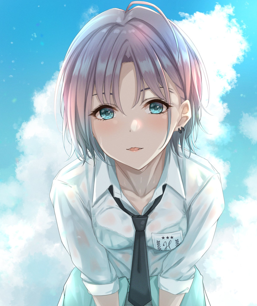 1girl :o aqua_eyes asakura_tooru bangs black_neckwear blue_jacket blue_sky blush bralines breast_pocket clothes_around_waist clouds collar collarbone collared_shirt cowlick dust_particles ear_piercing highres idolmaster idolmaster_shiny_colors jacket jacket_around_waist leaning_forward looking_at_viewer lower_teeth multicolored_hair necktie open_mouth outdoors parted_bangs piercing pocket see-through shirt sky sleeves_rolled_up solo two-tone_hair upper_body wet wet_clothes wet_shirt white_collar white_shirt yuzuyu_(hyui)
