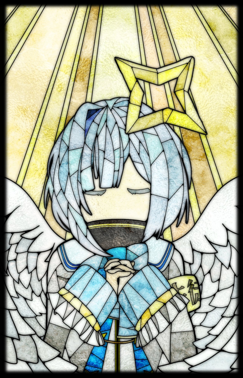 1girl amane_kanata angel angel_wings blush bob_cut closed_eyes eyebrows_visible_through_hair halo highres hololive multicolored_hair short_hair silver_hair solo stained_glass star_halo streaked_hair violet_eyes virtual_youtuber wings