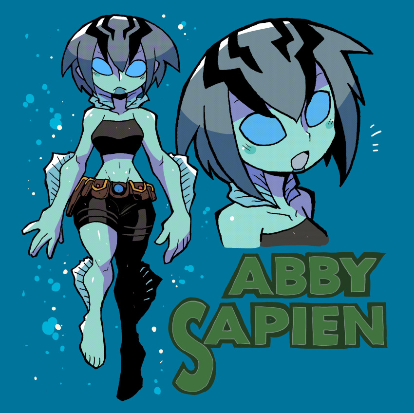 1girl :d :o abraham_sapien absurdres air_bubble bike_shorts blue_background blue_eyes blue_hair blue_skin bubble character_name closed_mouth colored_skin commentary english_commentary fins genderswap genderswap_(mtf) hellboy_(comic) highres looking_at_viewer medium_hair monster_girl multiple_views notice_lines open_mouth rariatto_(ganguri) simple_background smile underwater