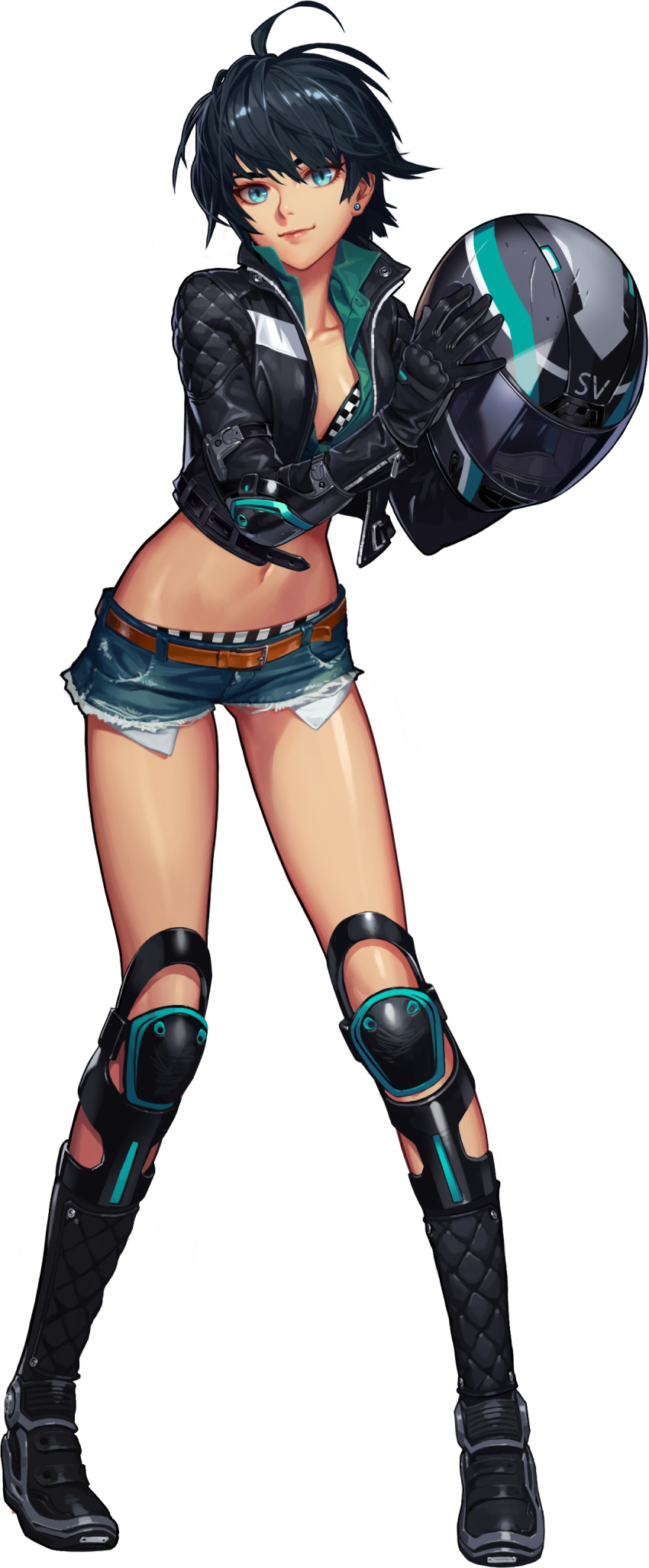 1girl absurdres belt black_hair black_survival blue_eyes cropped_jacket cutoffs earrings full_body gloves helmet highres jacket jewelry knee_pads leather leather_gloves looking_at_viewer midriff motorcycle_helmet navel official_art one_touch open_clothes open_jacket short_hair short_shorts shorts silvia_piquet smile solo standing transparent_background
