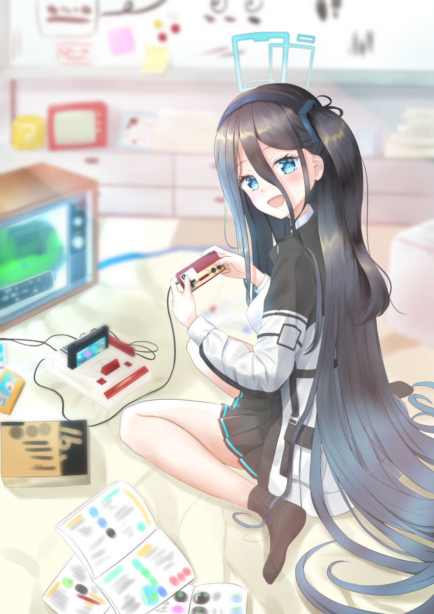 1girl aomi_one arisu_(blue_archive) blue_archive blue_eyes blurry blurry_background commentary_request dark_blue_hair furniture game_console halo highres jacket long_hair no_shoes open_mouth playing_games school_uniform socks solo television very_long_hair