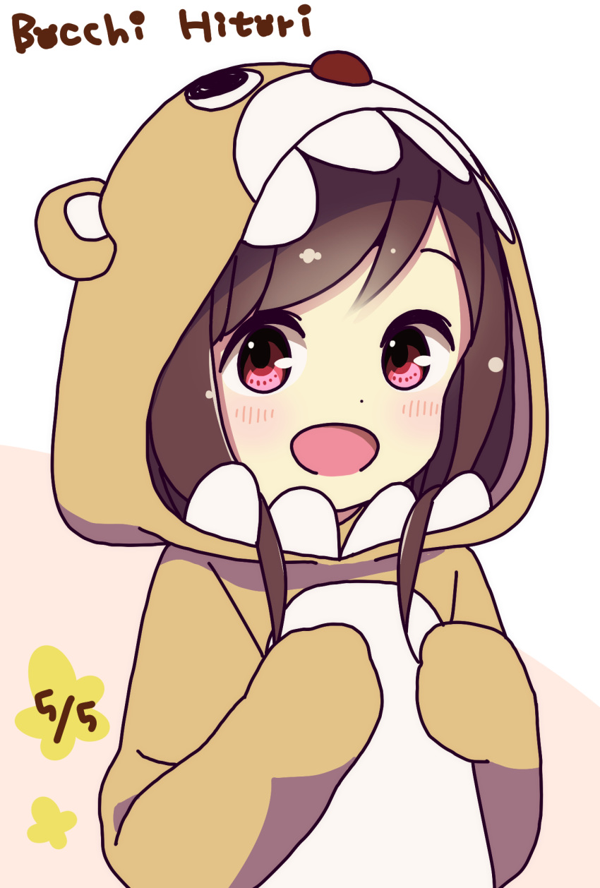 1girl :d animal_costume animal_hood bangs bear_costume bear_hood blush brown_hair character_name commentary_request dated disconnected_mouth dot_nose hands_up happy highres hitori_bocchi hitoribocchi_no_marumaru_seikatsu hood hood_up katsuwo_(cr66g) long_hair looking_at_viewer open_mouth pink_background red_eyes smile solo two-tone_background white_background