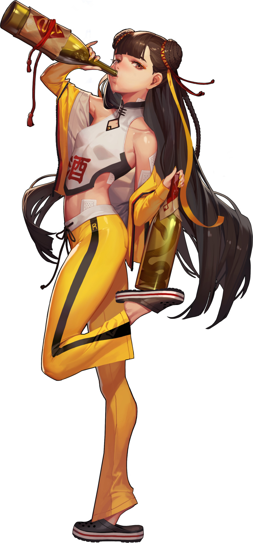 1girl absurdres bangs bare_shoulders black_survival bodysuit bottle brown_eyes brown_hair bruce_lee's_jumpsuit crocs double_bun drinking from_side full_body hair_ribbon highres jacket jumpsuit li_dailin long_hair looking_at_viewer midriff official_art one_touch open_clothes open_jacket orange_jumpsuit ribbon sake_bottle slippers snake solo spilling standing standing_on_one_leg tape tiptoes transparent_background turtleneck very_long_hair yellow_bodysuit