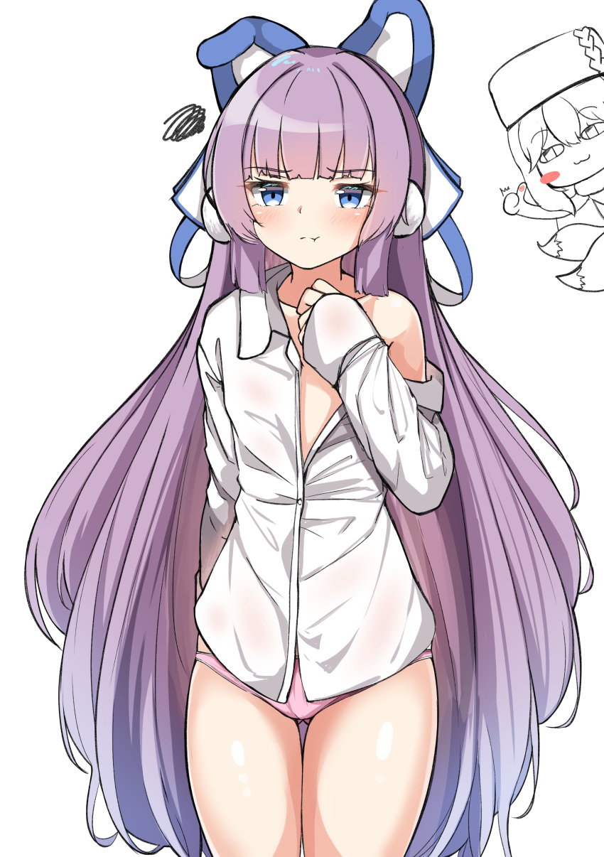 2girls :t absurdres ass_visible_through_thighs azur_lane bangs blue_eyes blush character_request chibi closed_mouth collared_shirt commentary_request dress_shirt eyebrows_visible_through_hair fox_tail fur_hat hair_between_eyes hand_up hat highres long_hair long_sleeves looking_at_viewer moyoron multiple_girls murmansk_(azur_lane) no_pants panties pink_panties pout purple_hair shirt sleeves_past_wrists solo_focus squiggle standing tail tashkent_(azur_lane) thigh_gap underwear very_long_hair white_shirt