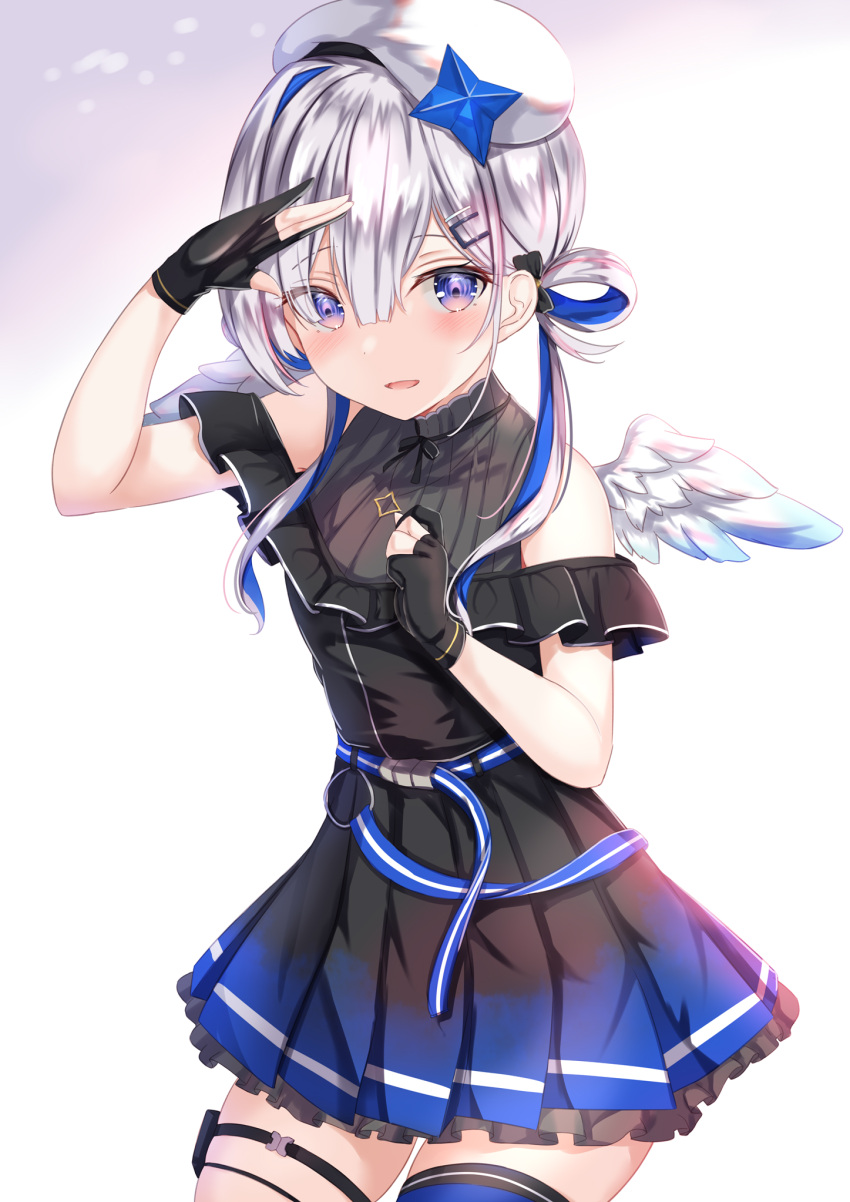 1girl amane_kanata angel angel_wings bangs bare_shoulders beret black_dress black_gloves blue_dress blue_eyes blue_hair blush colored_inner_hair commentary_request cowboy_shot dress eyebrows_visible_through_hair feathered_wings frilled_dress frills gloves gradient_dress hair_between_eyes hair_ornament hairpin halter_dress halterneck hat highres hololive looking_at_viewer multicolored_hair open_mouth partially_fingerless_gloves pink_hair silver_hair single_thighhigh smile solo standing star_(symbol) star_hair_ornament streaked_hair thigh-highs virtual_youtuber white_background white_headwear wings yuano