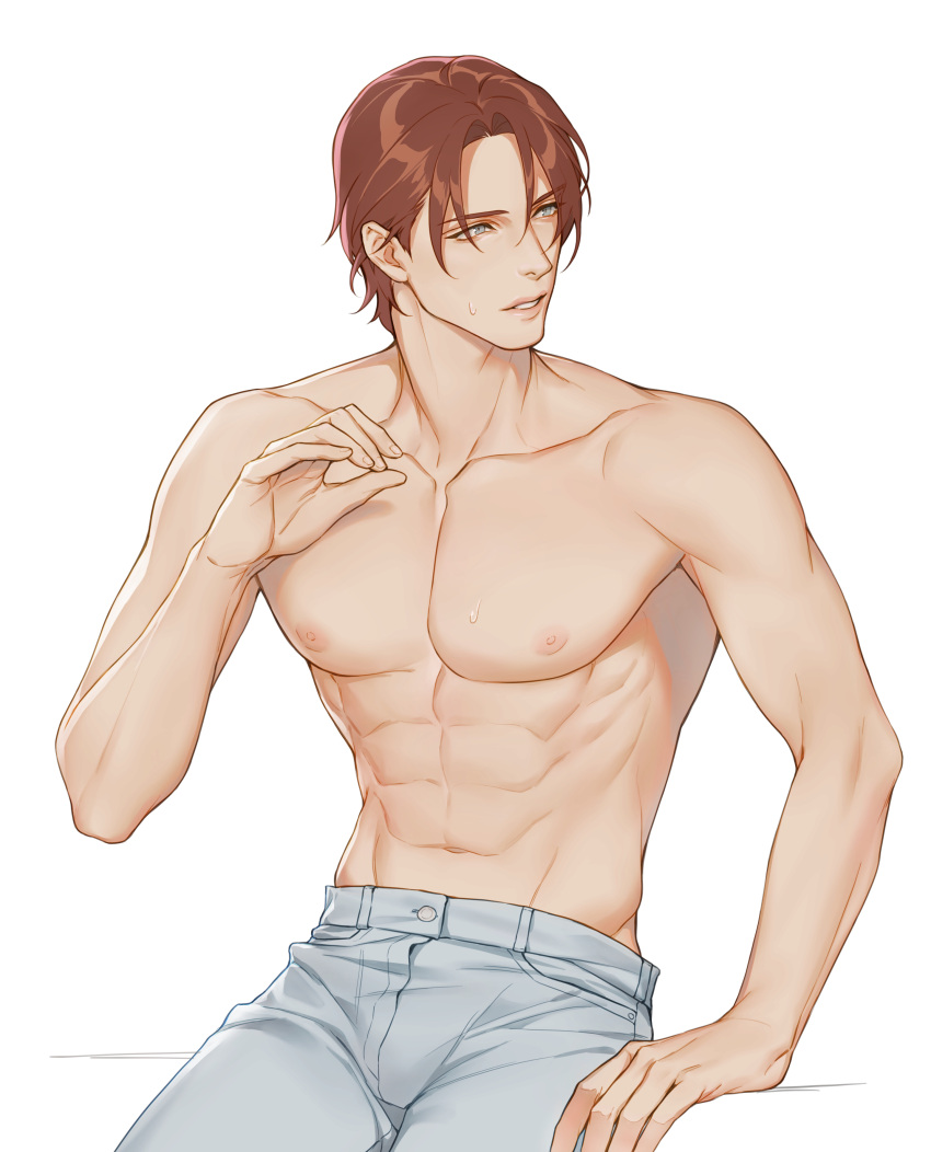 1boy abs absurdres bangs blue_eyes brown_hair collarbone denim hand_up highres iceblock_(ilhgns) jeans lips looking_away male_focus navel nipples nose original pants parted_bangs parted_lips pectorals shirtless short_hair simple_background sitting solo sweat