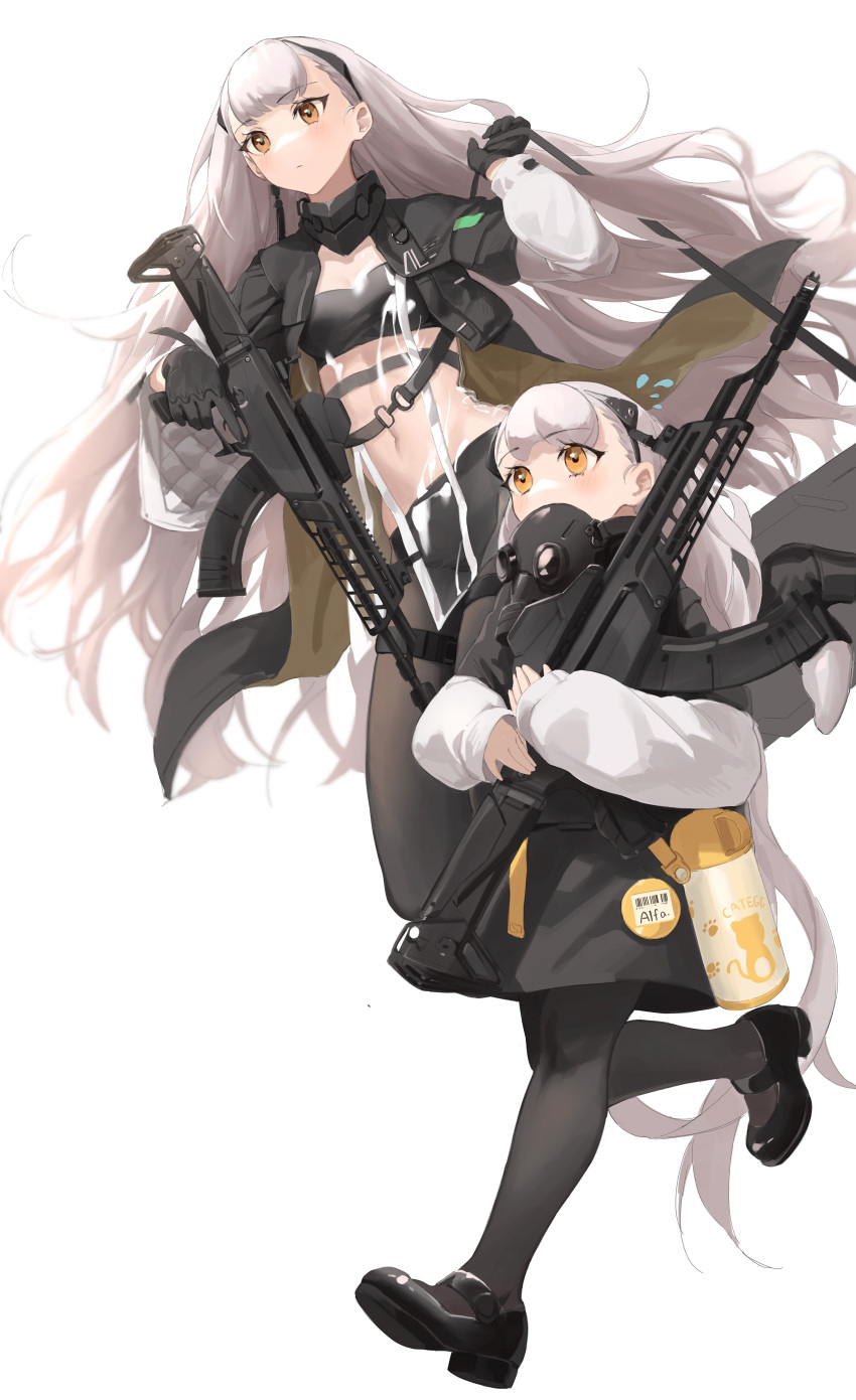 2girls absurdres age_difference ak-alfa ak-alfa_(girls_frontline) assault_rifle black_gloves black_hairband character_name covered_mouth dual_persona flying_sweatdrops girls_frontline gloves grey_legwear gun hairband highres holding holding_gun holding_weapon jacket long_hair mary_janes multiple_girls navel open_clothes open_jacket orange_eyes pantyhose rifle rui_(rei_leyi) see-through_jacket shoes silver_hair sleeves_past_wrists thermos trigger_discipline very_long_hair weapon