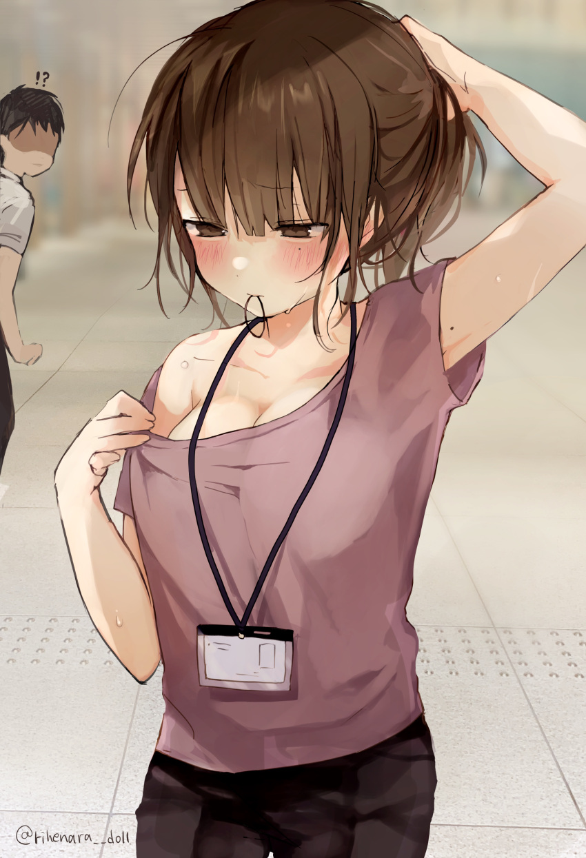 !? 1girl absurdres blush breasts brown_eyes brown_hair clothes_pull collarbone eyebrows_visible_through_hair hair_tie highres id_card large_breasts mole mouth_hold no_bra office_lady original pants purple_shirt shirt shirt_pull solo_focus sweat twitter_username tying_hair yukari_(rihenara_doll)