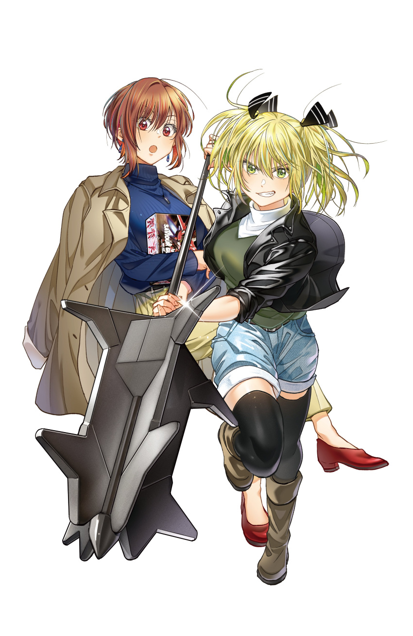 2girls :o absurdres beige_jacket black_jacket boots box breasts brown_footwear brown_hair denim denim_shorts gundam gundam_seed gundam_seed_destiny gundam_tekketsu_no_orphans hg_ni_koisuru_futari high_heels highres holding holding_box holding_weapon jacket jacket_on_shoulders kanzaki_sayaka_(hg_ni_koisuru_futari) kudou_makoto leather leather_jacket mace medium_breasts medium_hair momoka_(hg_ni_koisuru_futari) multiple_girls open_mouth red_footwear saviour_gundam short_hair shorts thigh-highs twintails weapon yellow_eyes