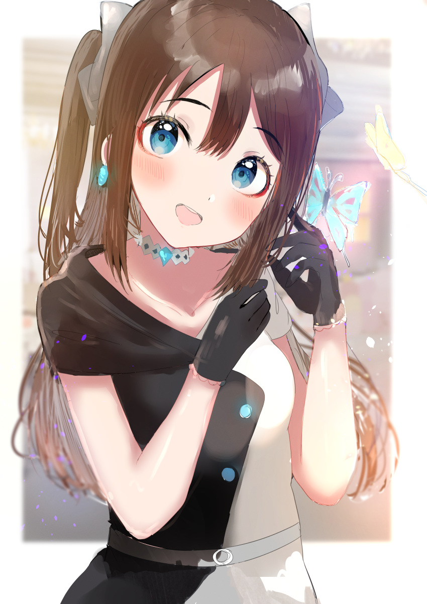 1girl absurdres bangs black_bow black_dress black_gloves blue_eyes blush bow brown_hair buttons choker collarbone dress drop_earrings earrings evening_gown gloves hair_between_eyes hair_bow highres huge_bow huge_filesize jewelry lace lace_gloves long_hair love_live! love_live!_nijigasaki_high_school_idol_club multicolored multicolored_clothes necklace off-shoulder_dress off_shoulder ousaka_shizuku ponytail sidelocks sleeveless sleeveless_dress solitude_rain_(love_live!) solo sunya_(honorin-yuunibo) two-tone_dress upper_body white_dress