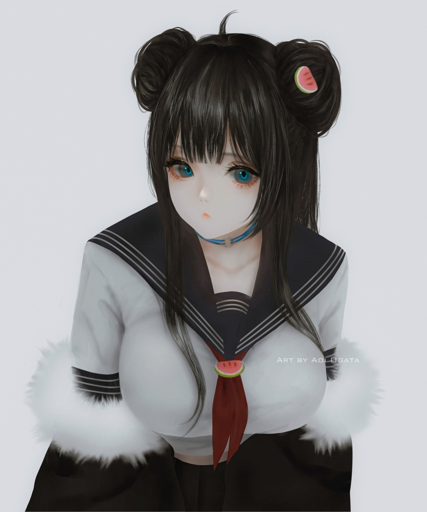 1girl aoi_ogata artist_name bangs black_hair black_jacket black_sailor_collar black_skirt blue_eyes breasts clip_studio_paint_(medium) closed_mouth commentary commission double_bun english_commentary food_themed_hair_ornament fur-trimmed_jacket fur_trim grey_background hair_ornament highres jacket large_breasts looking_at_viewer neckerchief off_shoulder original pleated_skirt red_neckwear sailor_collar shirt simple_background skirt solo upper_body watermelon_hair_ornament white_shirt