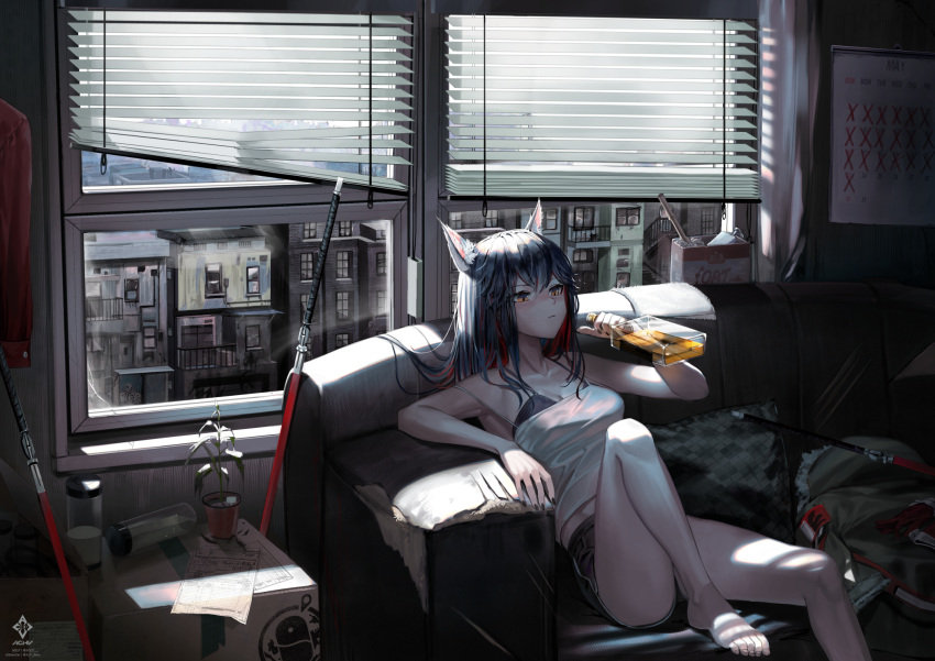 1girl a0lp alcohol animal_ear_fluff animal_ears arknights artist_name bangs bare_legs bare_shoulders barefoot black_bra black_hair black_shorts blinds blush bottle box bra breasts camisole couch day highres holding holding_bottle indoors leg_up long_hair medium_breasts on_couch plant potted_plant shorts sitting solo texas_(arknights) underwear window wolf_ears