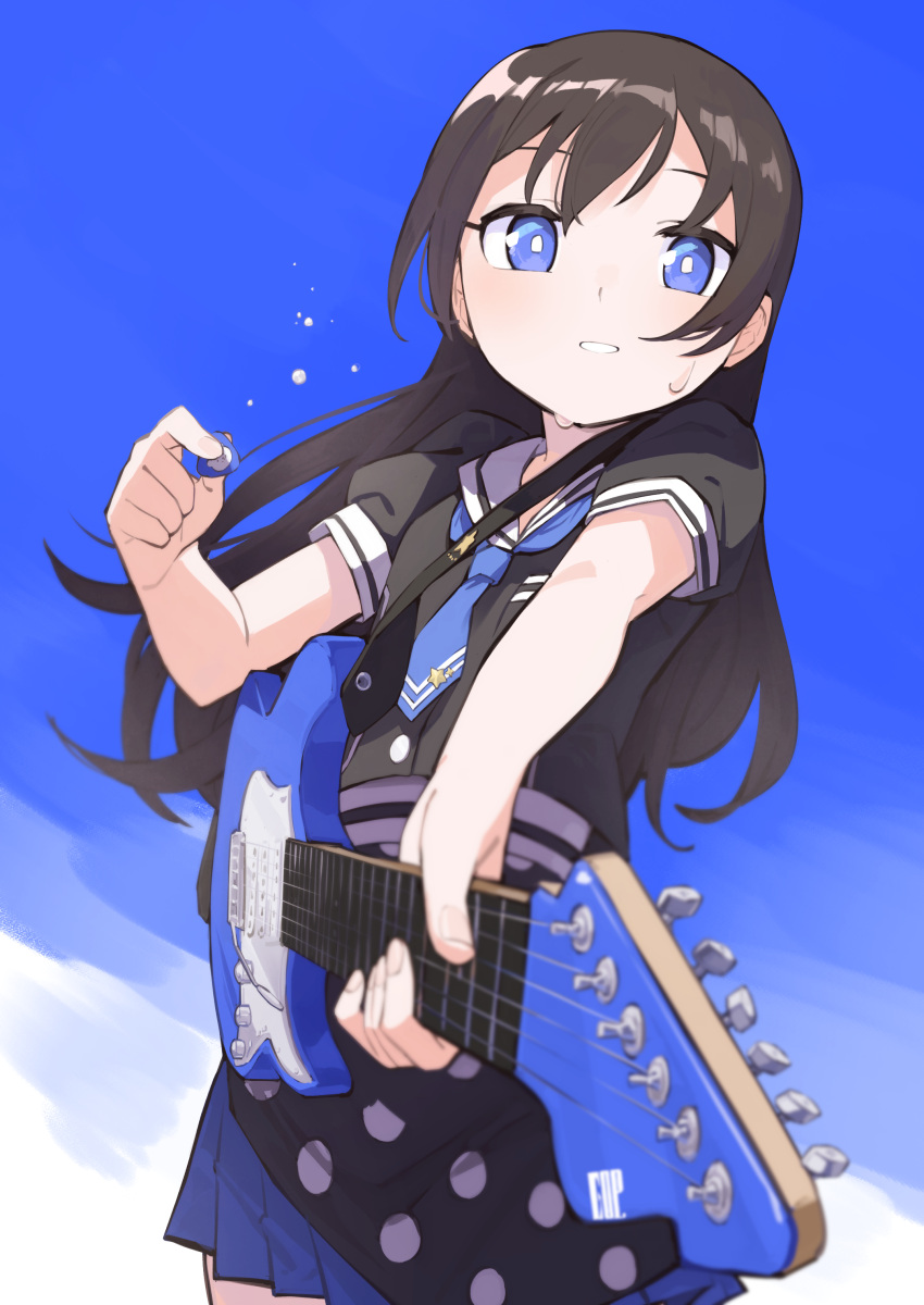 1girl absurdres bang_dream! bangs black_hair black_shirt black_skirt blue_background blue_eyes blue_neckwear blue_skirt blurry brand_name_imitation bright_pupils cosplay cowboy_shot depth_of_field electric_guitar esp_guitars fender_stratocaster fingernails flying_sweatdrops foreshortening goe_(g-o-e) gradient gradient_background guitar hanazono_tae hanazono_tae_(cosplay) hand_up highres holding holding_instrument holding_plectrum instrument kagura_hikari layered_skirt long_hair looking_at_viewer miniskirt music necktie official_alternate_costume outstretched_arm parted_lips playing_instrument pleated_skirt plectrum polka_dot polka_dot_skirt sailor_collar shiny shiny_hair shirt short_necktie short_sleeves shoujo_kageki_revue_starlight shoujo_kageki_revue_starlight_-re_live- skirt smile solo standing sweat two-tone_skirt wavy_hair white_background white_pupils white_sailor_collar