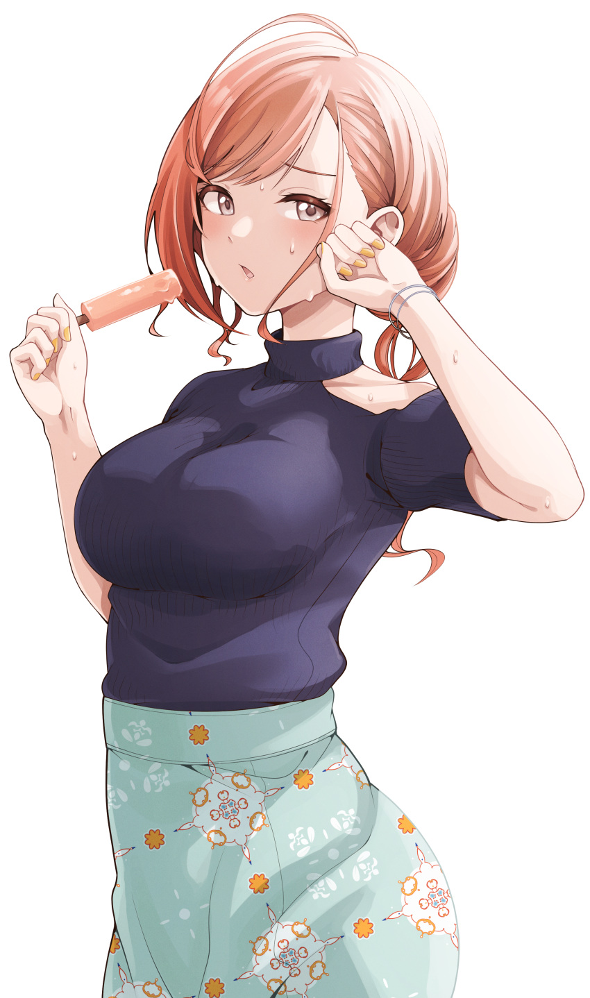 1girl absurdres arisugawa_natsuha bare_shoulders breasts brown_eyes cowboy_shot floral_print food hair_bun hand_on_own_face highres idolmaster idolmaster_shiny_colors large_breasts nail_polish orange_hair popsicle simple_background solo sweat sweater tokufumi turtleneck white_background