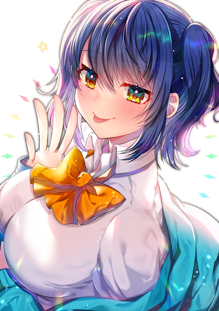1girl :p akirannu bad_hands bangs blue_hair blue_jacket blush bow breasts brown_bow closed_mouth collared_shirt commentary_request eyebrows_visible_through_hair hair_between_eyes hand_up highres jacket long_sleeves looking_at_viewer medium_breasts off_shoulder open_clothes open_jacket original shirt sleeves_past_wrists smile solo tongue tongue_out two_side_up upper_body white_background white_shirt yellow_eyes