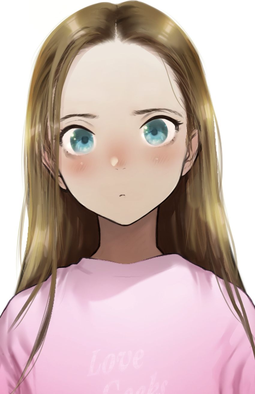 1girl blonde_hair blue_eyes blush closed_mouth clothes_writing forehead haguhagu_(rinjuu_circus) highres long_hair looking_at_viewer original pink_shirt portrait sasha_(haguhagu) shirt simple_background solo upper_body white_background