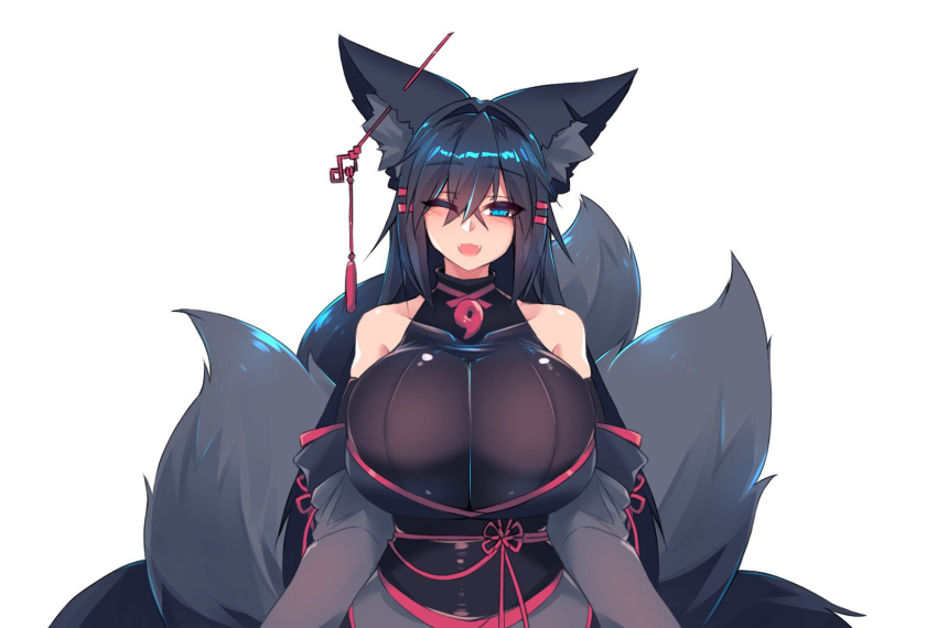 1girl :3 :d animal_ears bangs bare_shoulders black_hair black_sash blue_eyes breasts clothing_cutout commentary crossed_bangs ear_piercing english_commentary eyebrows_visible_through_hair fangs flower_knot fox_ears fox_tail hair_between_eyes hair_ornament hair_stick hairclip highres huge_breasts kiri_(sub-res) long_hair long_sleeves looking_at_viewer multiple_tails obi one_eye_closed open_mouth original piercing sash shoulder_cutout simple_background smile solo sub-res tail tassel tomoe_(symbol) white_background