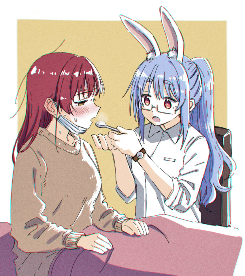 2girls animal_ears bangs blue_hair blush chair commentary_request dress_shirt eyebrows_visible_through_hair feeding fever highres holding holding_spoon hololive homura910210 houshou_marine long_hair long_sleeves mask mask_pull mouth_mask multiple_girls open_mouth rabbit_ears red_eyes redhead shirt sick sitting spoon surgical_mask usada_pekora virtual_youtuber watch watch white_shirt