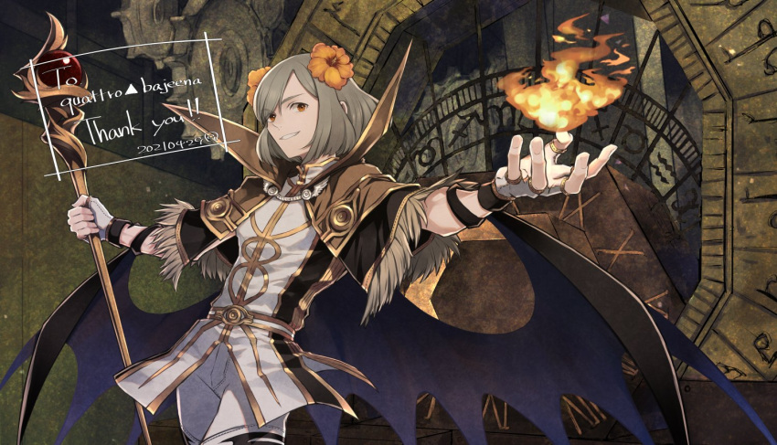 1boy bangs black_wings brown_capelet capelet clock commentary_request commission cowboy_shot dated english_commentary english_text fingerless_gloves fire flower fur-trimmed_capelet fur_trim gloves grey_hair grin hair_flower hair_ornament high_collar high_wizard_(ragnarok_online) holding holding_staff kusabi_(aighe) looking_at_viewer magic male_focus mixed-language_commentary orange_flower pants ragnarok_online shirt short_hair skeb_commission smile solo staff swept_bangs thank_you white_gloves white_pants white_shirt wings
