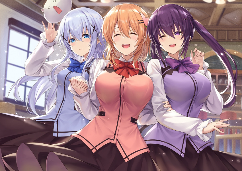 3girls bangs blue_eyes blue_hair blue_neckwear blue_vest blush bow bowtie breasts brown_skirt closed_eyes collared_shirt eyebrows_visible_through_hair gochuumon_wa_usagi_desu_ka? hair_ornament hairclip hand_up holding_another's_arm holding_hands hoto_cocoa indoors kafuu_chino ks_(xephyrks) large_breasts long_hair long_sleeves looking_at_viewer multiple_girls one_eye_closed open_mouth orange_hair purple_hair purple_neckwear purple_vest rabbit red_neckwear red_vest shirt skirt small_breasts smile tedeza_rize tippy_(gochiusa) twintails vest violet_eyes