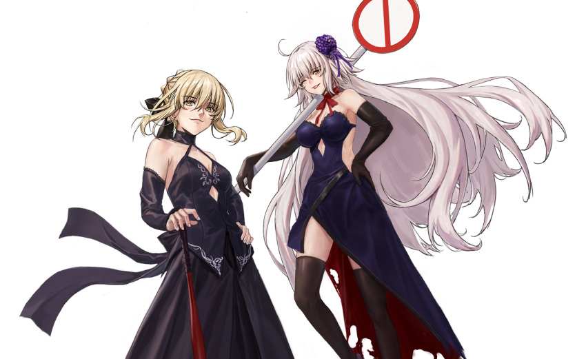2girls ahoge artoria_pendragon_(all) asagami_(hnt16303310) baseball_bat black_dress black_legwear blonde_hair braid breasts dress fate/grand_order fate/stay_night fate_(series) hair_ribbon holding holding_baseball_bat jeanne_d'arc_(alter)_(fate) jeanne_d'arc_(fate)_(all) long_hair looking_at_viewer multiple_girls one_eye_closed ribbon road_sign saber_alter sign silver_hair simple_background thigh-highs very_long_hair white_background yellow_eyes