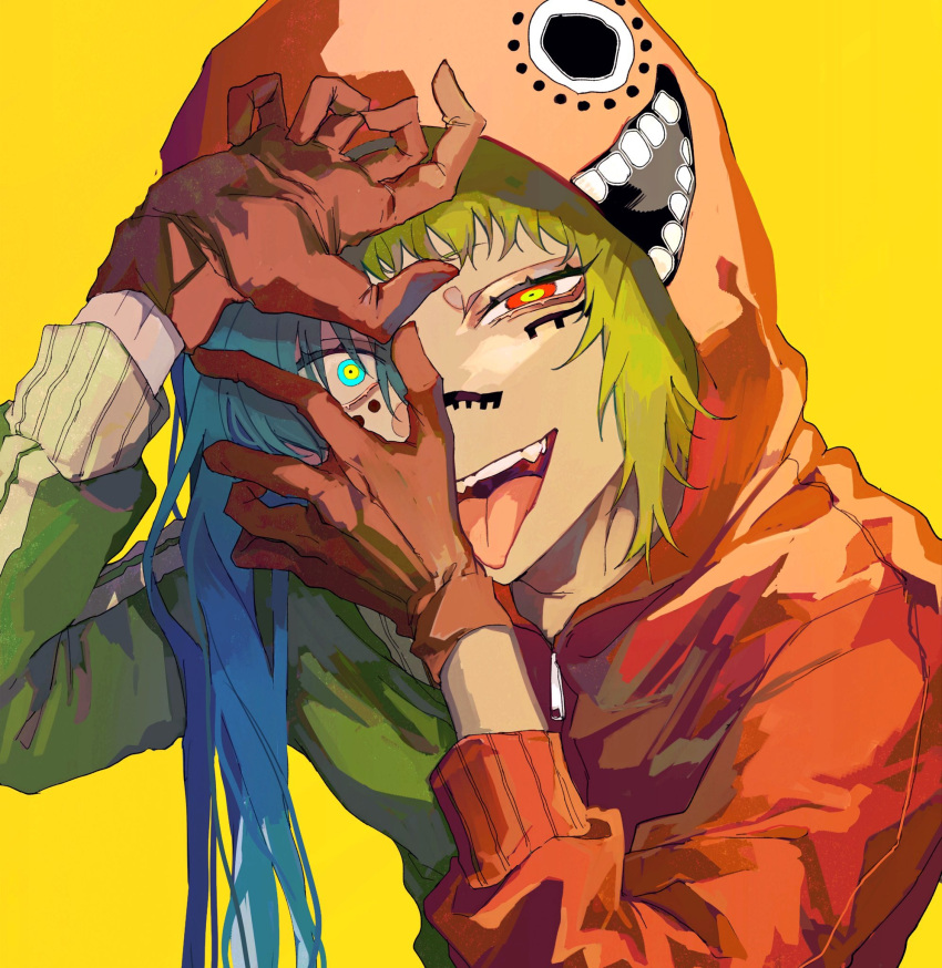 2girls bangs blue_eyes blue_hair crazy_eyes facepaint gloves green_hair gumi hand_on_own_face hand_on_own_head hatsune_miku highres hood hoodie kuroume_(aihikarikuroume24) long_hair long_sleeves looking_at_viewer matryoshka_(vocaloid) multicolored multicolored_eyes multiple_girls red_eyes red_hoodie ringed_eyes short_sleeves smile tongue tongue_out vocaloid yellow_background