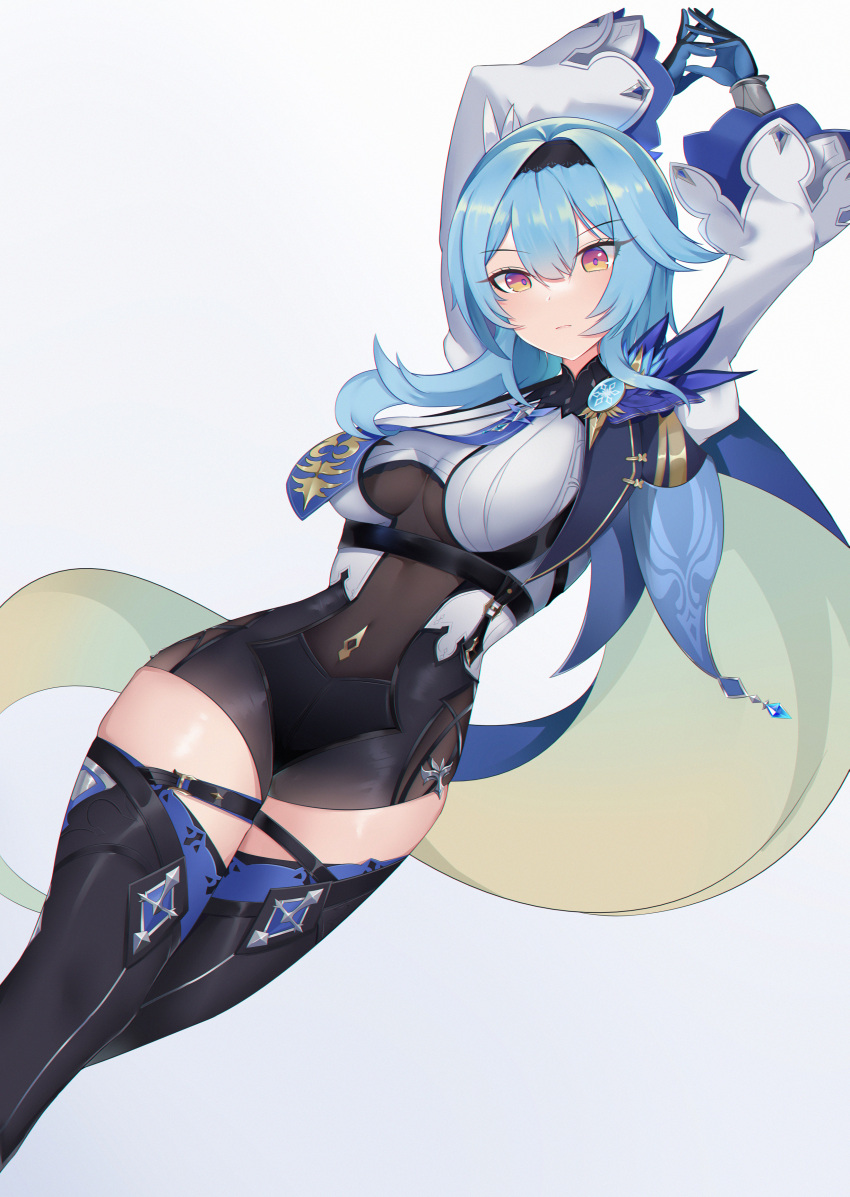 1girl absurdres arms_up blue_gloves blue_hair bodystocking boots breasts cape center_opening eula_(genshin_impact) genshin_impact gloves hair_ornament highres leotard long_sleeves looking_at_viewer medium_breasts minoriqq thigh-highs thigh_boots yellow_eyes