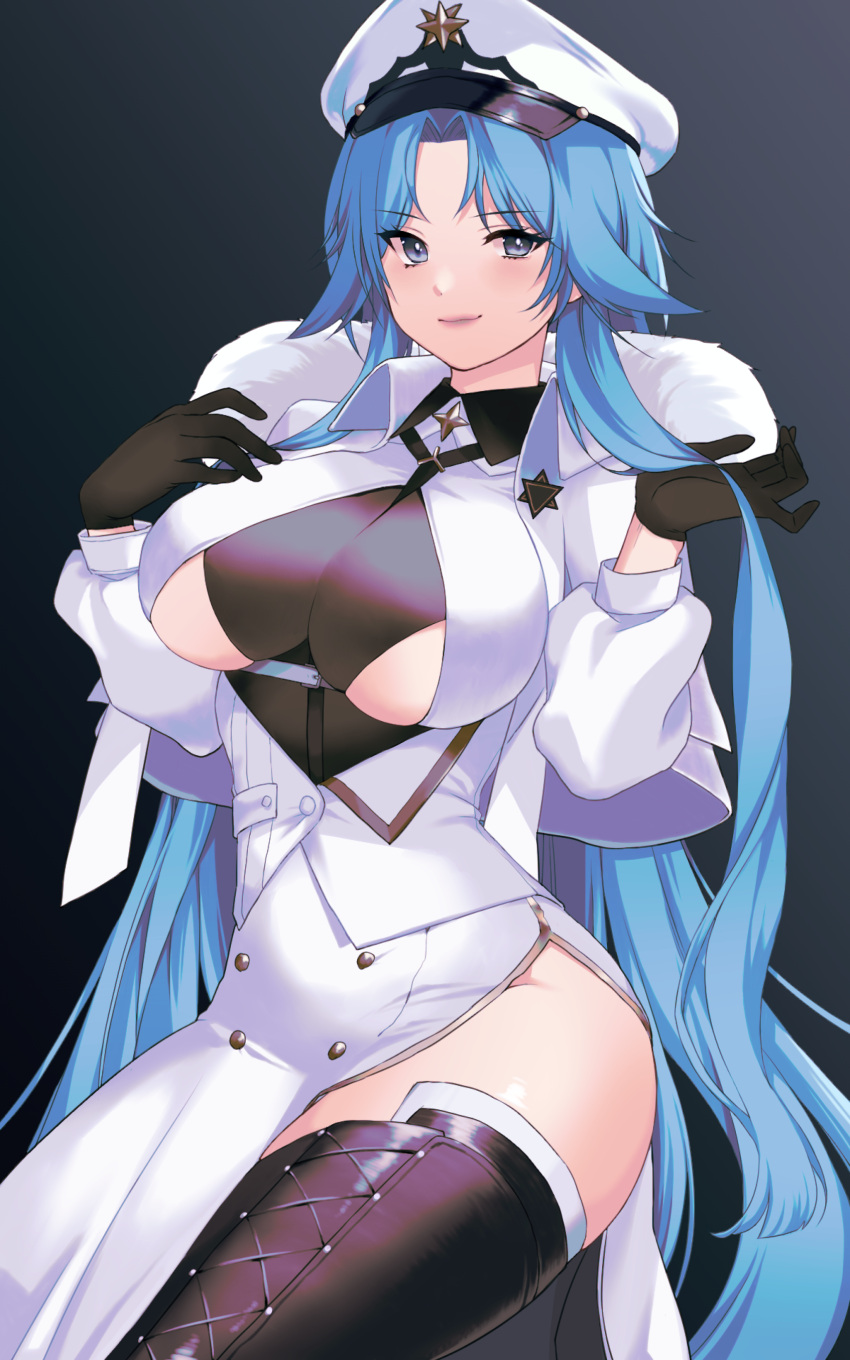 1girl absurdres azur_lane bangs black_background black_footwear black_gloves blue_eyes blue_hair bodystocking boots breasts closed_mouth coat commentary_request cowboy_shot eyebrows_visible_through_hair fur-trimmed_coat fur_trim gloves groin hanada_no_kiwami hands_up hat highres jacket large_breasts long_hair long_skirt long_sleeves looking_at_viewer neckwear_between_breasts parted_bangs partial_commentary peaked_cap side_slit sidelocks simple_background skirt smile solo sovetskaya_belorussiya_(azur_lane) thigh-highs thigh_boots under_boob very_long_hair white_coat white_jacket white_skirt