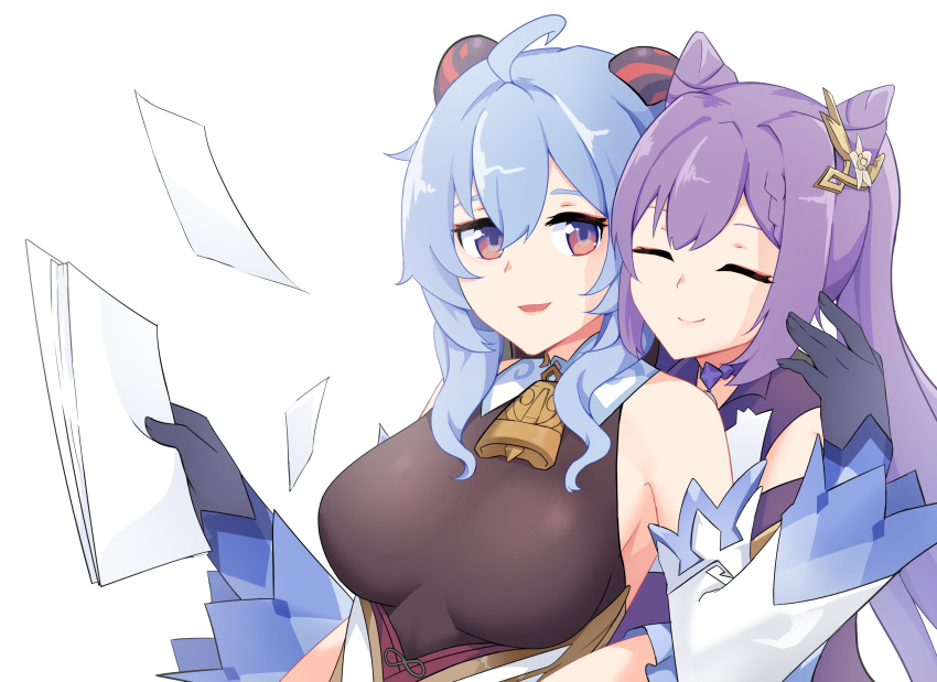 2girls ^_^ ahoge bare_shoulders bell blue_hair braid breasts choker closed_eyes cowbell double_bun dress ganyu_(genshin_impact) genshin_impact gloves hair_bun hair_ornament hairclip half-closed_eyes happy highres holding holding_paper horns hug hug_from_behind keqing_(genshin_impact) long_sleeves medium_breasts multiple_girls paper purple_hair ritore simple_background smile twintails upper_body white_background yuri