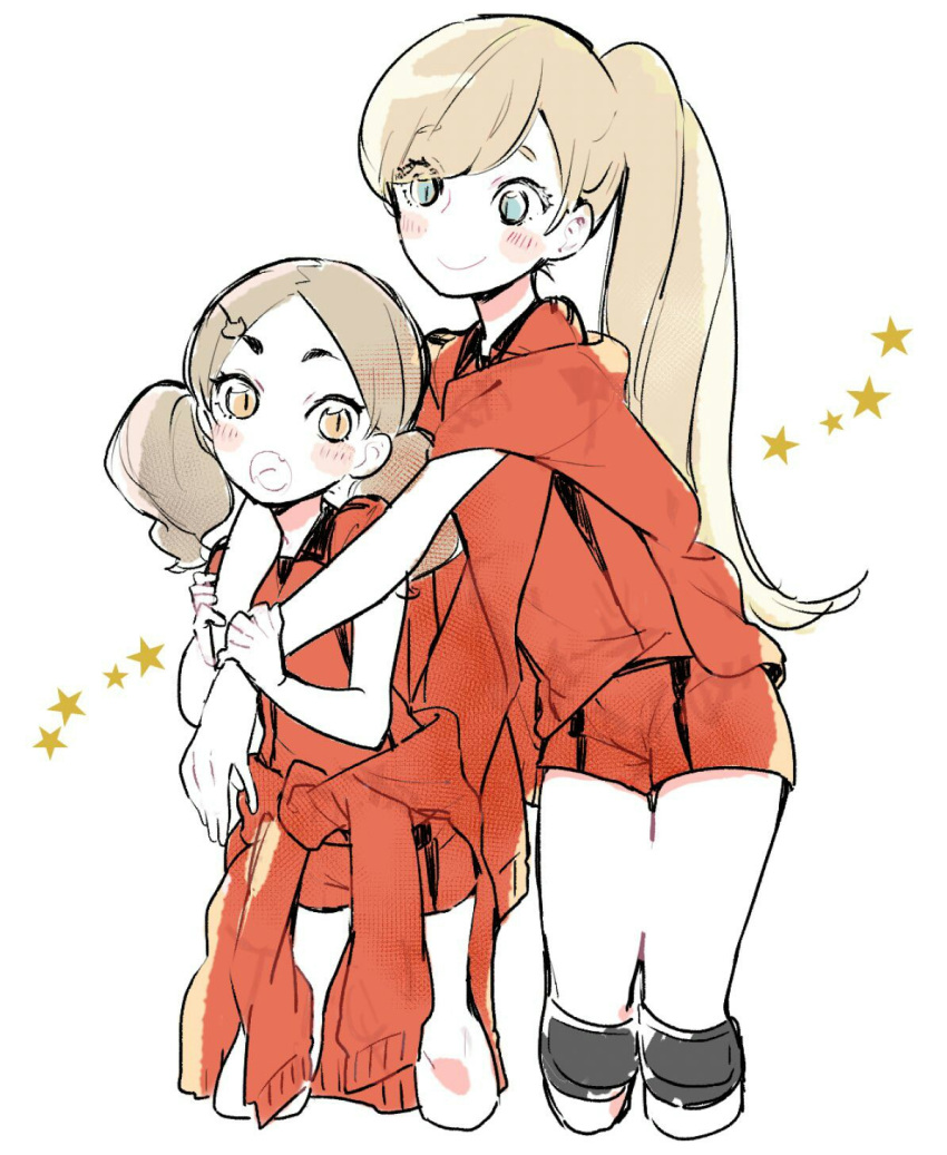 2girls :o age_difference alternate_costume bad_id bad_twitter_id blonde_hair blue_eyes blush_stickers brown_eyes brown_hair clothes_around_waist cowboy_shot cropped_legs elbow_pads eyebrows_visible_through_hair eyelashes haiba_arisa haikyuu!! hair_ornament hairclip height_difference highres hug hug_from_behind icachann jacket jacket_around_waist jacket_on_shoulders multiple_girls open_mouth ponytail short_shorts shorts smile sportswear star_(symbol) tied_hair track_jacket twintails volleyball_uniform white_background yamamoto_akane