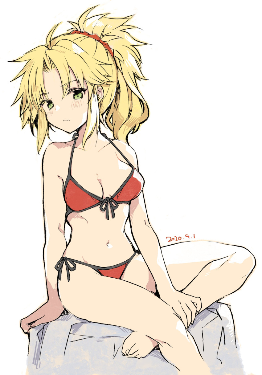 1girl barefoot bikini blonde_hair breasts dated fate/apocrypha fate/grand_order fate_(series) feet_out_of_frame front-tie_top green_eyes highres kamiyoshi_rika long_hair looking_at_viewer medium_breasts mordred_(fate)_(all) mordred_(swimsuit_rider)_(fate) red_bikini side-tie_bikini simple_background sitting solo swimsuit white_background