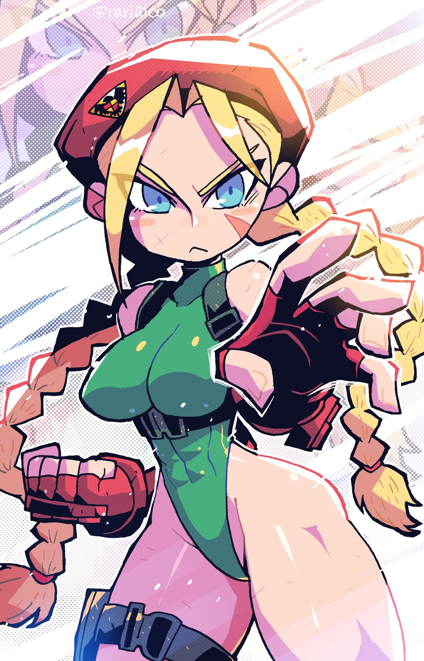 1girl :&lt; absurdres blonde_hair blue_eyes blush braid breasts cammy_white chest_harness clenched_hand closed_mouth cowboy_shot fingerless_gloves gloves green_leotard harness hat highleg highleg_leotard highres leotard long_hair looking_at_viewer medium_breasts rariatto_(ganguri) reaching_out red_gloves red_headwear solo standing street_fighter twin_braids twintails twitter_username very_long_hair zoom_layer