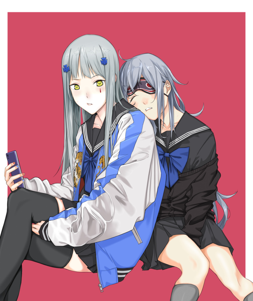 2girls bangs black_legwear black_skirt blue_hair blue_neckwear blush bow bowtie cardigan cellphone closed_eyes closed_mouth collarbone crossed_legs eyebrows_visible_through_hair g11_(girls_frontline) girls_frontline green_eyes grey_hair highres hk416_(girls_frontline) holding holding_phone jacket long_hair looking_at_viewer mask_over_one_eye multiple_girls phone purple_background school_uniform simple_background sitting skirt sleep_mask smartphone socks thigh-highs yitiao_er-hua