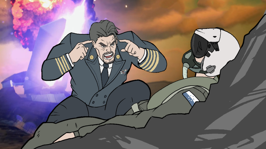 2boys ace_combat ace_combat_7 alicorn_(ace_combat) black_neckwear commentary eeversti explosion facial_hair goatee grey_hair invincible_(series) long_sleeves looking_at_another matias_torres meme military military_uniform multiple_boys necktie open_mouth pilot_helmet pilot_suit pointing pointing_at_self spoilers teeth trigger_(ace_combat) uniform