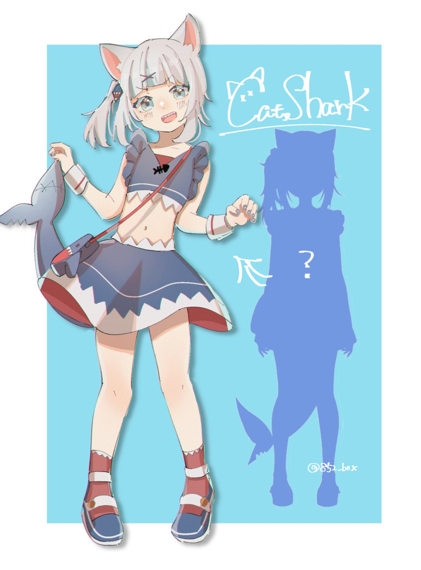 1girl 852_box animal_ears bangs blue_eyes blue_hair cat_ears fish_tail gawr_gura hair_ornament highres hololive hololive_english looking_at_viewer midriff multicolored_hair open_mouth shark_tail sharp_teeth side_ponytail smile solo streaked_hair tail teeth virtual_youtuber