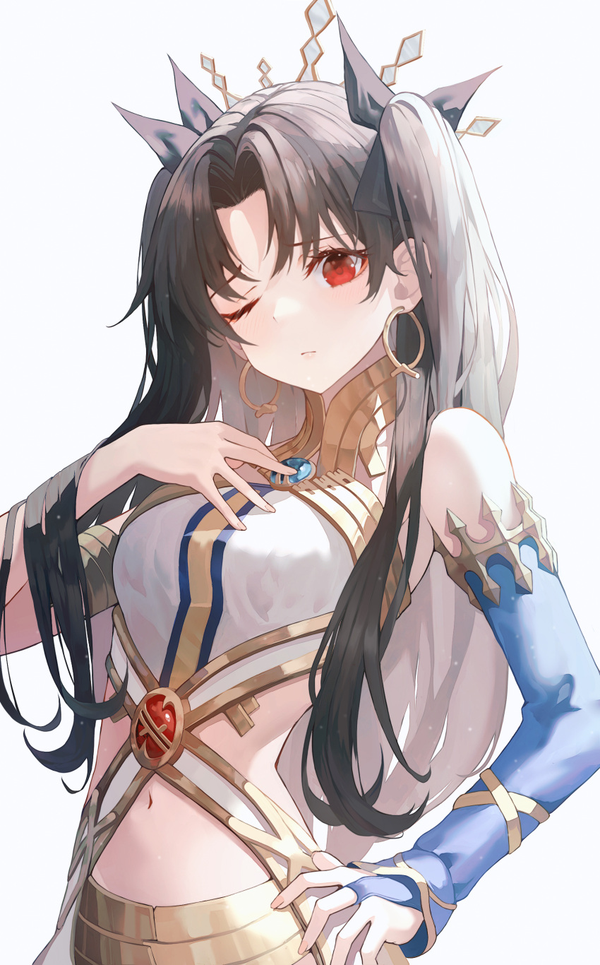 1girl ;( absurdres armlet bangs bare_shoulders black_bow bow breasts bridal_gauntlets closed_mouth earrings eyebrows_visible_through_hair fate/grand_order fate_(series) hair_bow hand_on_hip hand_on_own_chest highres hoop_earrings ishtar_(fate) ishtar_(fate)_(all) jewelry kerno long_hair looking_at_viewer medium_breasts navel parted_bangs red_eyes simple_background sleeveless solo two_side_up upper_body very_long_hair white_background