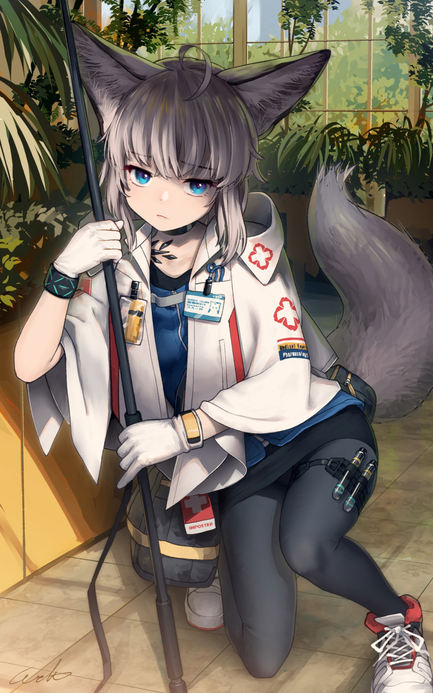 1girl absurdres ahoge animal_ears arknights black_collar black_legwear black_skirt black_wristband blue_eyes blue_shirt brown_hair collar commentary eyebrows_visible_through_hair fox_ears fox_girl fox_tail full_body gloves highres id_card indoors infection_monitor_(arknights) jacket looking_at_viewer one_knee open_clothes open_jacket oripathy_lesion_(arknights) pantyhose plant shirt shoes short_hair sidelocks skirt sussurro_(arknights) tail thigh_strap welt_(kinsei_koutenkyoku) white_footwear white_gloves white_jacket window