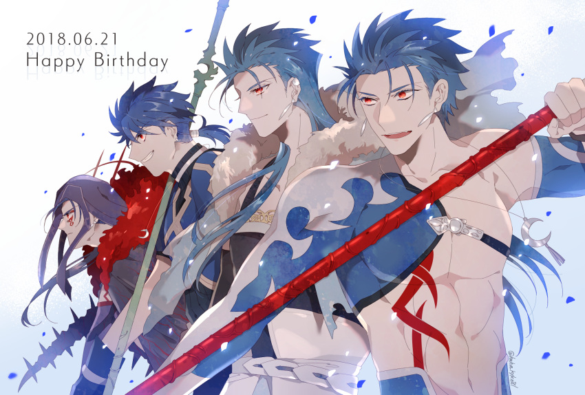 4boys blue_hair crescent_necklace cu_chulainn_(caster)_(fate) cu_chulainn_(fate)_(all) cu_chulainn_(fate/prototype) cu_chulainn_(fate/stay_night) cu_chulainn_alter_(fate/grand_order) dated fate/grand_order fate_(series) fur_collar gae_bolg_(fate) happy_birthday highres igote long_hair multiple_boys multiple_persona namahamu_(hmhm_81) polearm ponytail red_eyes short_hair spear weapon